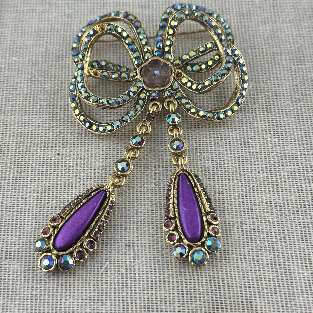 VTG Multicolor Bow Ribbon Statement Gemstone Brooch Pin Designer Fashion Jewelry